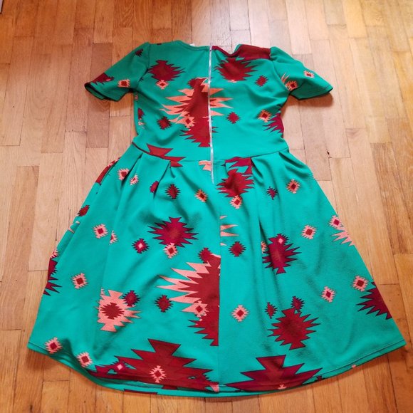 Lularoe Aqua Amelia Midi Fit Flare Short Sleeve Dress Turquoise Aztec Southwest - Picture 2 of 5